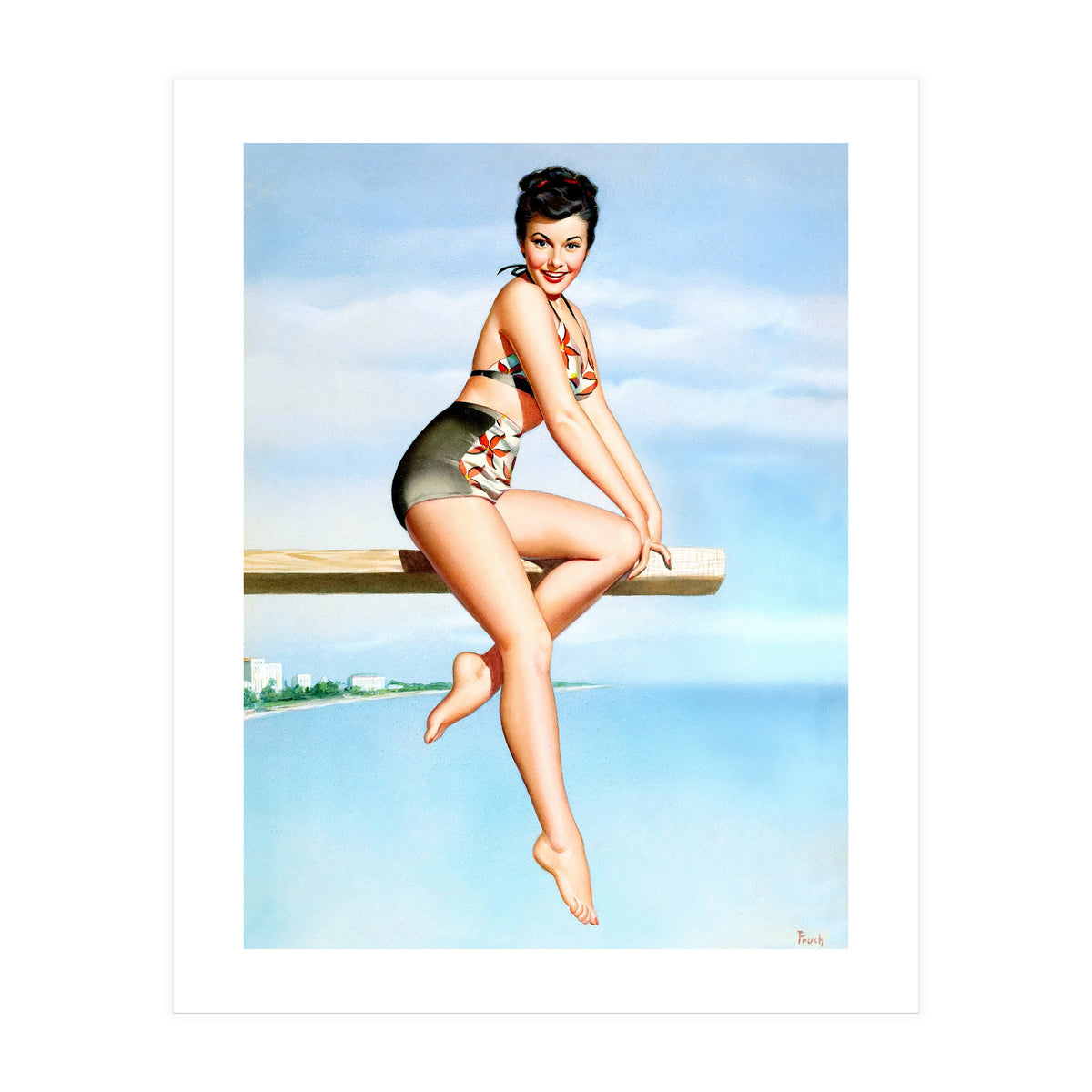 Smiling Sexy Pinup Girl Posing On A Board (Print Only)