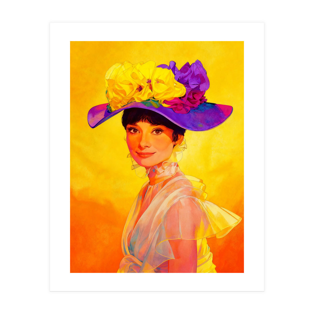 Audrey Hepburn Pop Art, Vibrant Floral Hat Portrait, Iconic Movie Star Illustration (Print Only)
