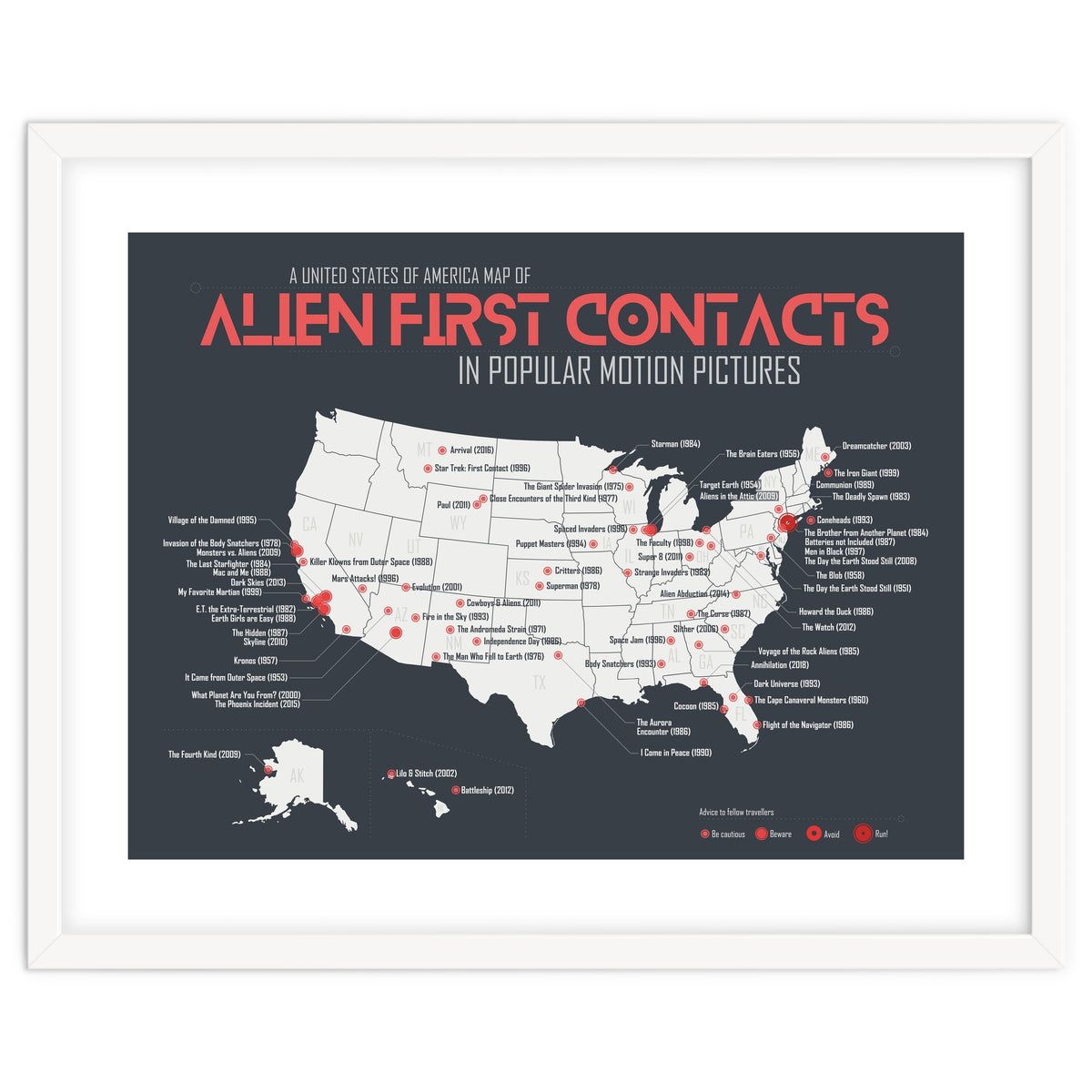 USA Map of Alien First Contacts in Movies