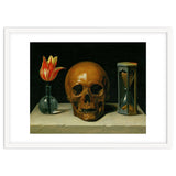 Vanitas, allegory of fleeting time with skull and hour-glass. Oil on canvas. thumbnail