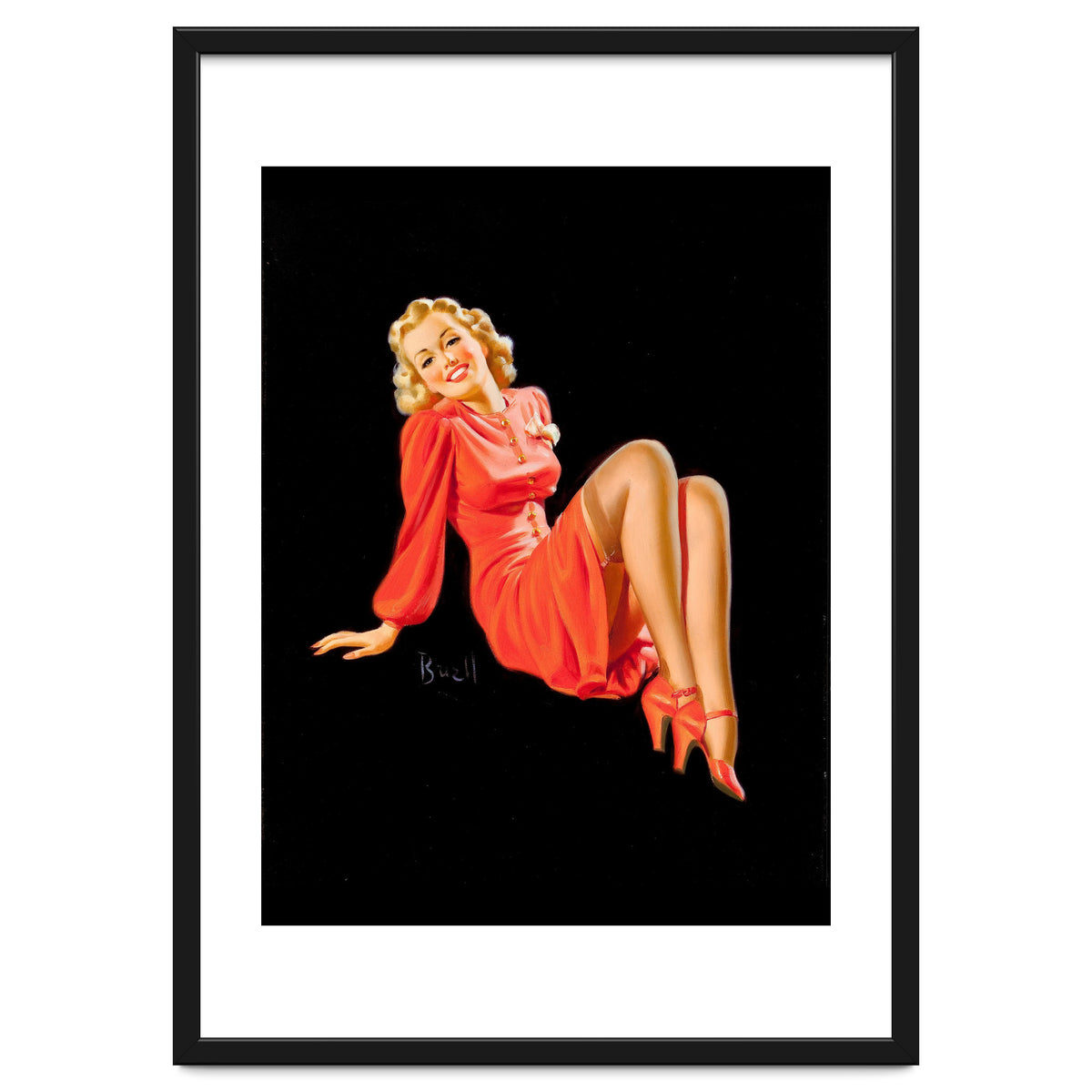 Smiling Pinup Woman Posing In Red Dress