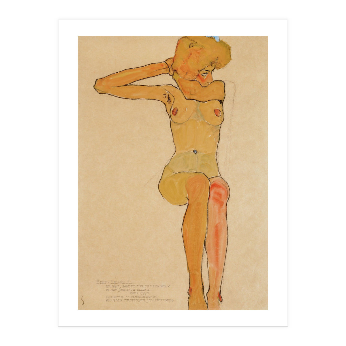 Seated female nude with raised right arm,1910 Gouache,. (Print Only)