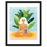 Meditation With Thy Cat Poster | Blonde Woman of Color | Tropical Banana Leaves Quirky Pet Workou thumbnail