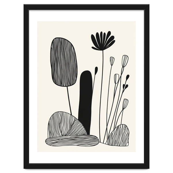 Abstract Black And White Botanical Illustration With Organic Shapes