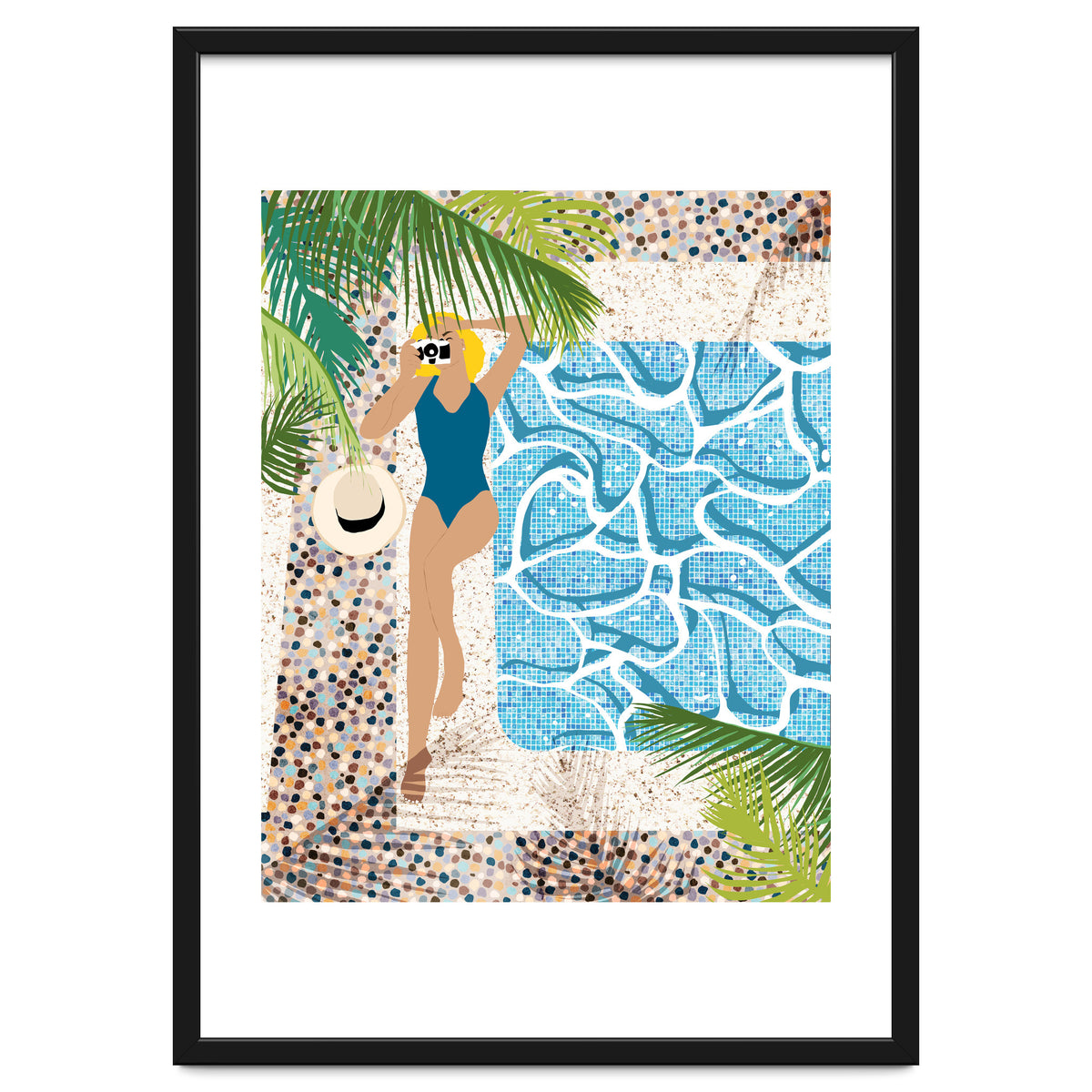 Click, Summer Travel Poolside Swim, Moroccan Tiles Staycation Vacation Holiday, Bohemian Woman Swimsuit Fashion Pose