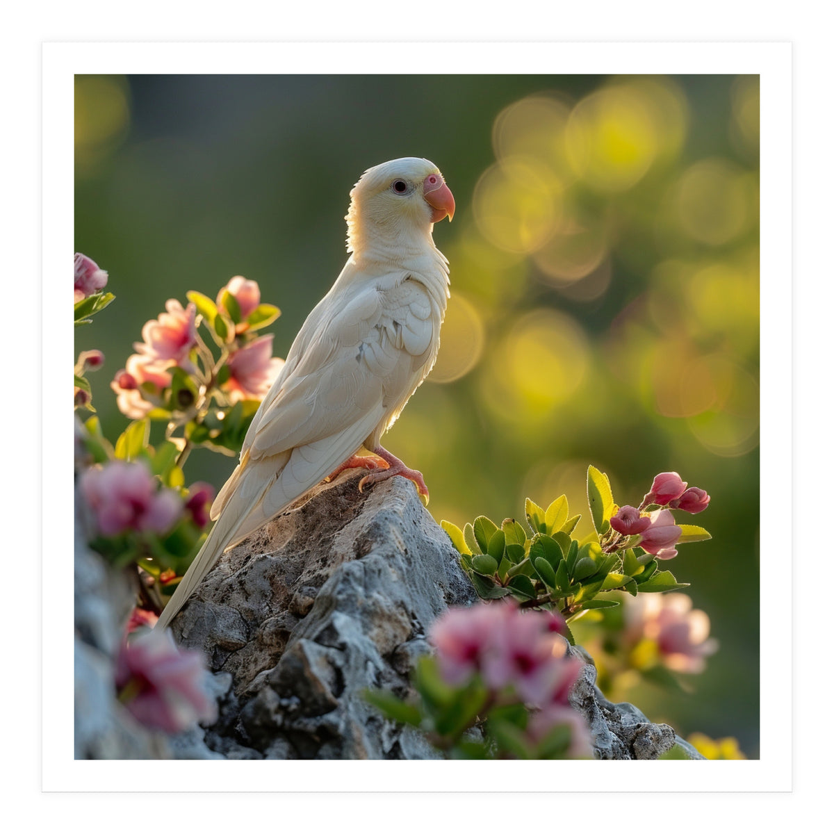 Albino Parrot Perched On A Rock Amongst Flowers (Print Only)