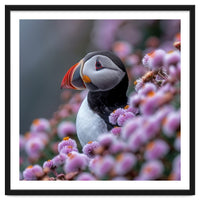 Atlantic Puffin Amidst Pink Heather Flowers