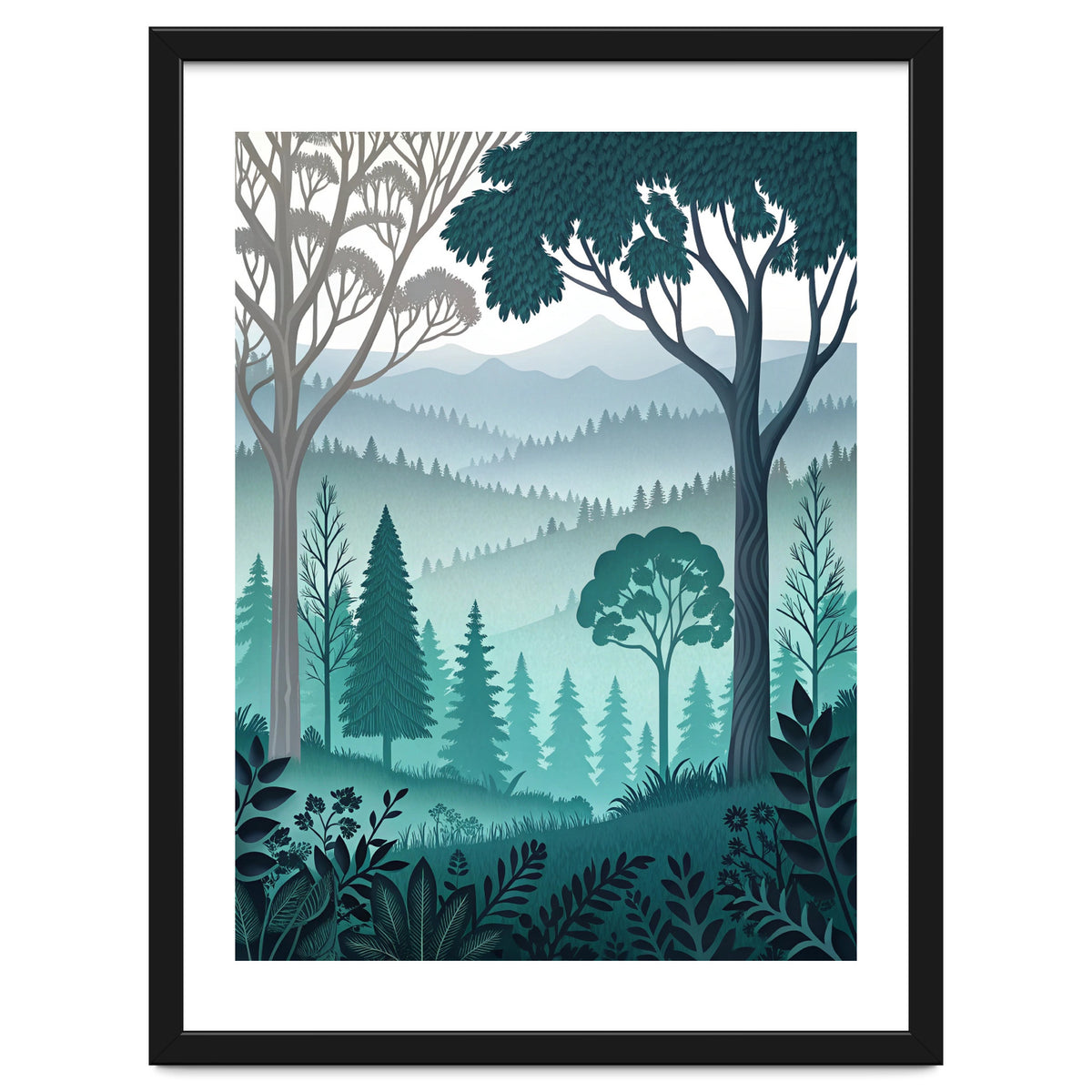 Vibrant Silhouettes in the Misty Teal Highlands