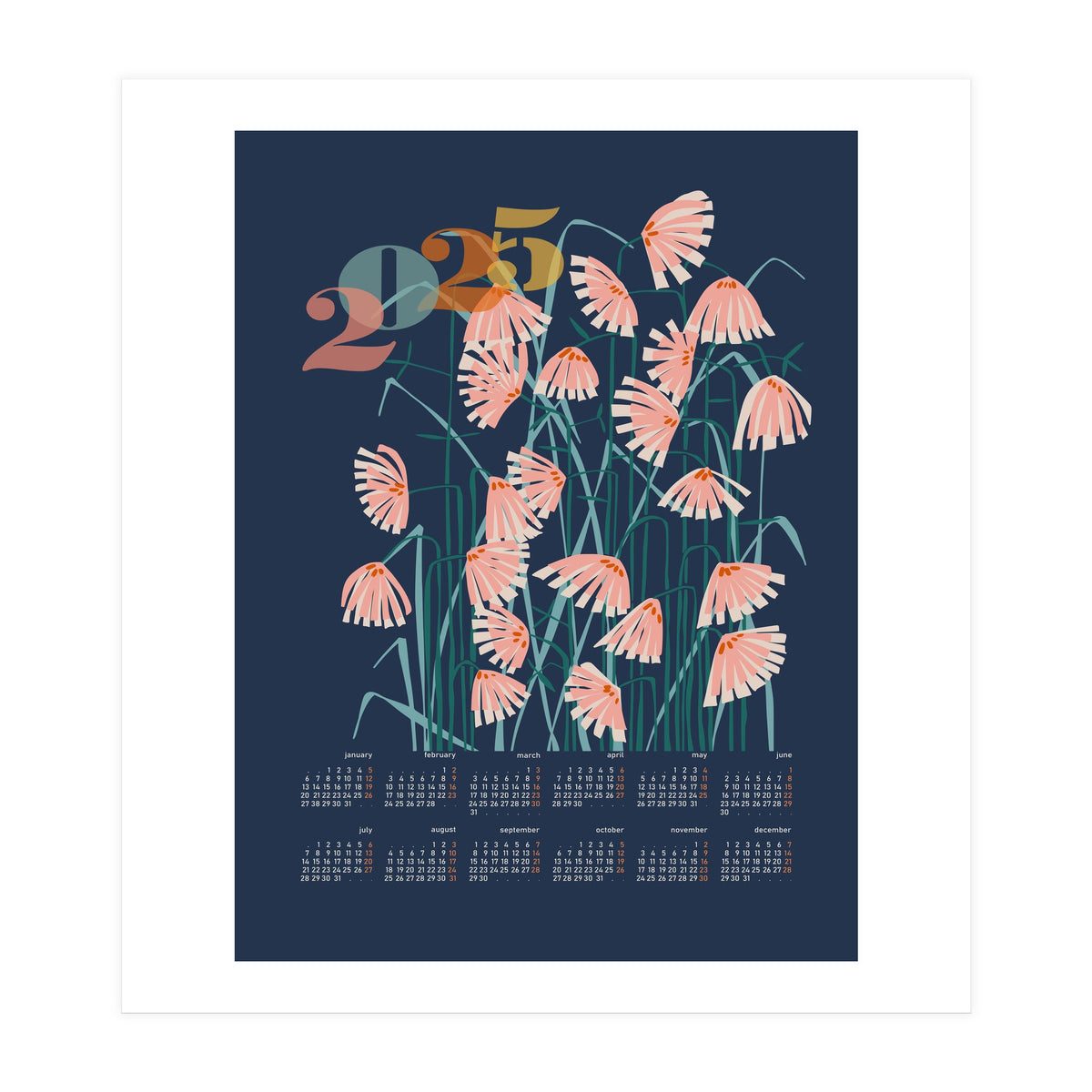 calendar 2025 Linocut flowers blue (Print Only)