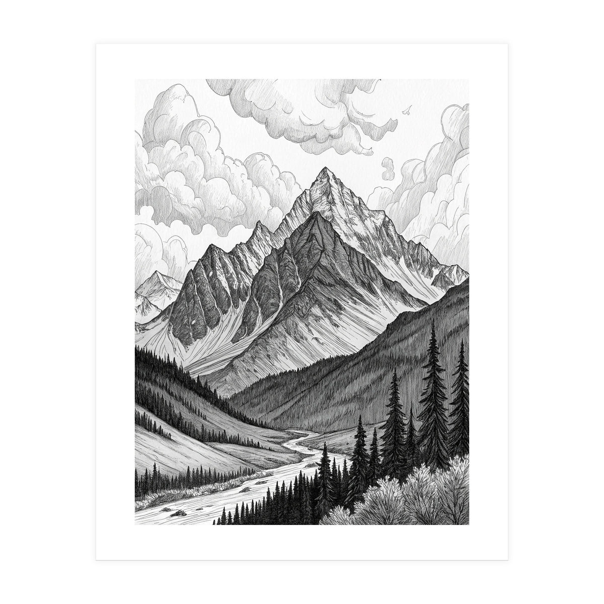 Majestic Alpine Mountain Range Sketch (Print Only)