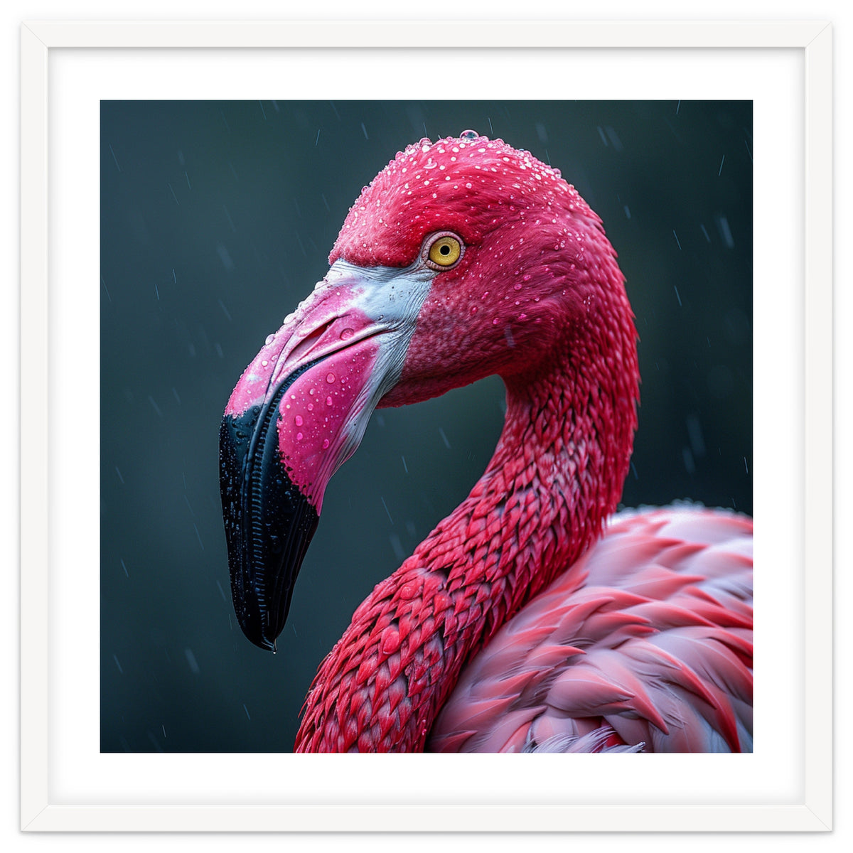 Close Up Pink Flamingo In Rain Drops