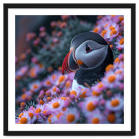 Puffin Bird Among Pink Flowers