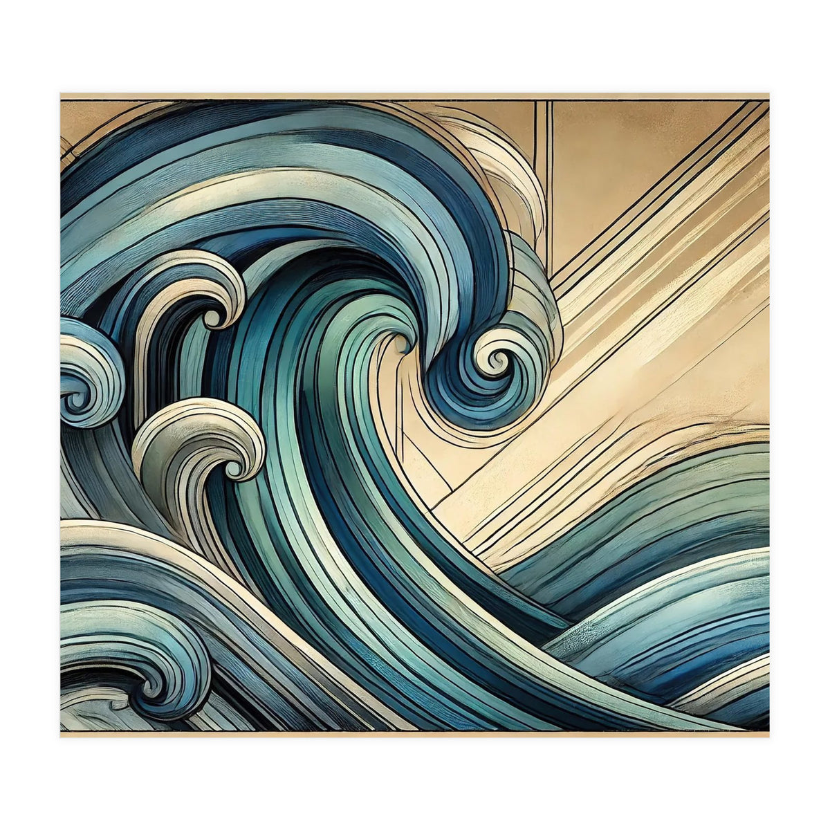 Art Deco Blue Ocean Waves (Print Only)