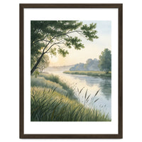Serene River Sunrise Watercolor Painting with Meadow Grasses and Warm Golden Atmosphere Landscape