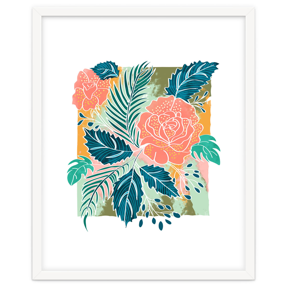Framed Nature, Botanical Floral Rustic Bohemian, Garden Painting Tropical Illustration