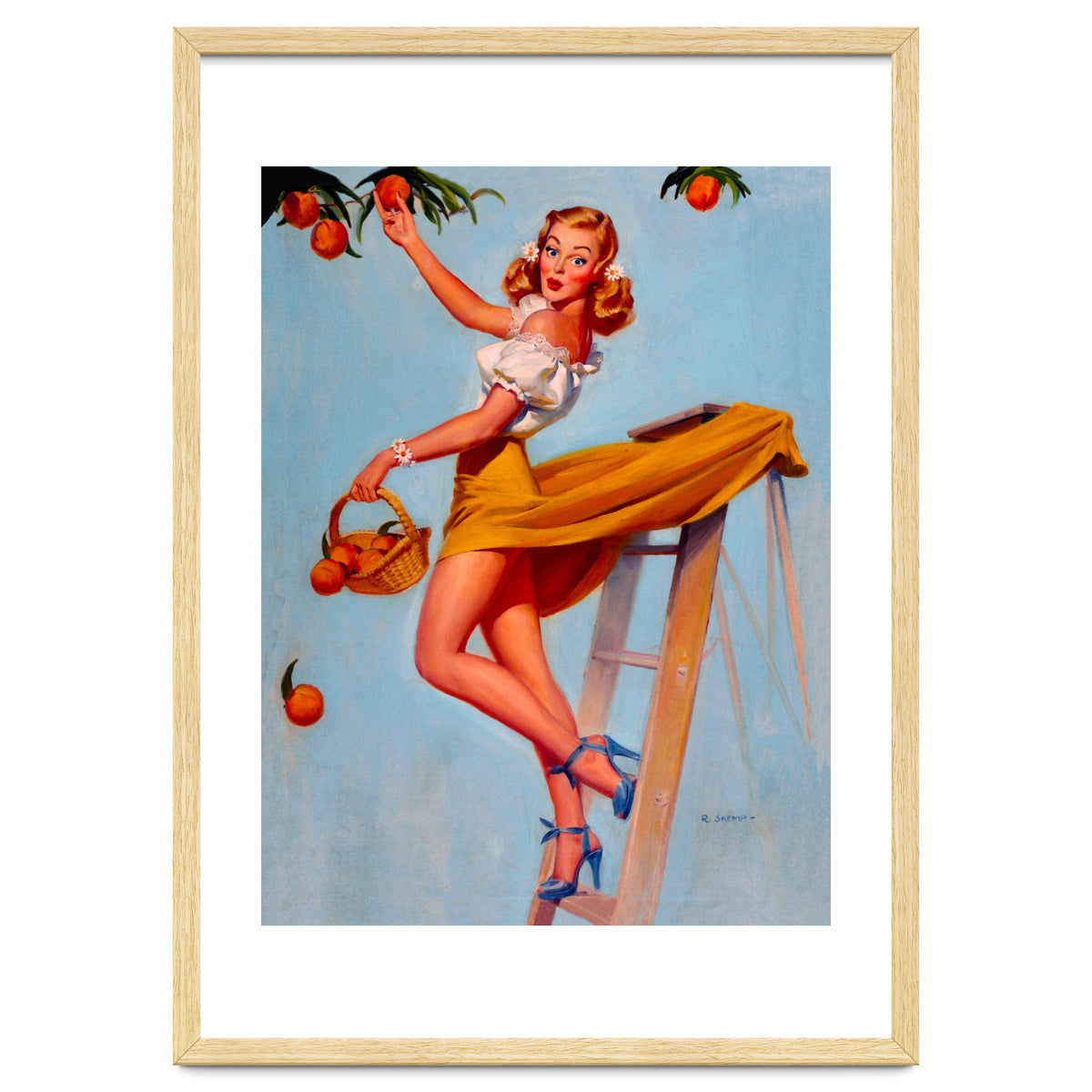 Pinup Sexy Woman Picking Oranges On A Tree Branch