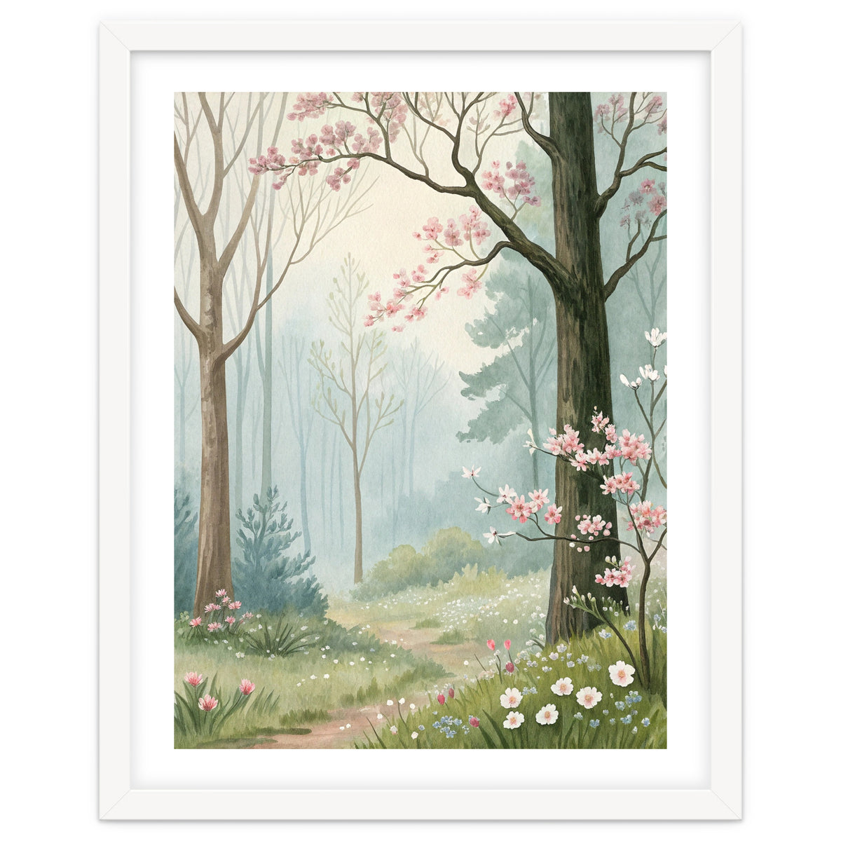Enchanted Spring Woodland Path with Blooming Cherry Blossoms and Misty Pastel Forest Atmosphere