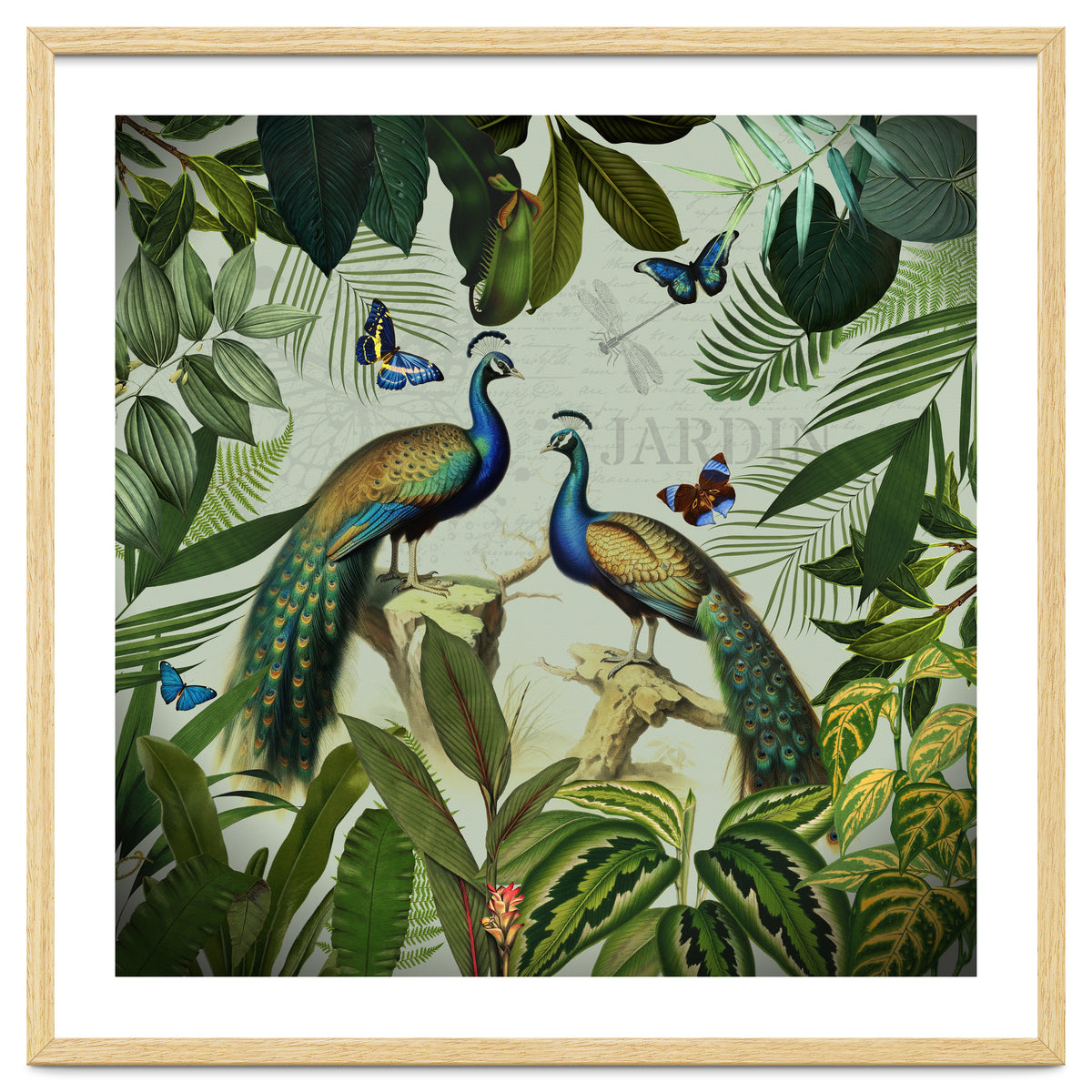 Vintage Exotic Asian Peacocks In Tropical Jungle Landscape