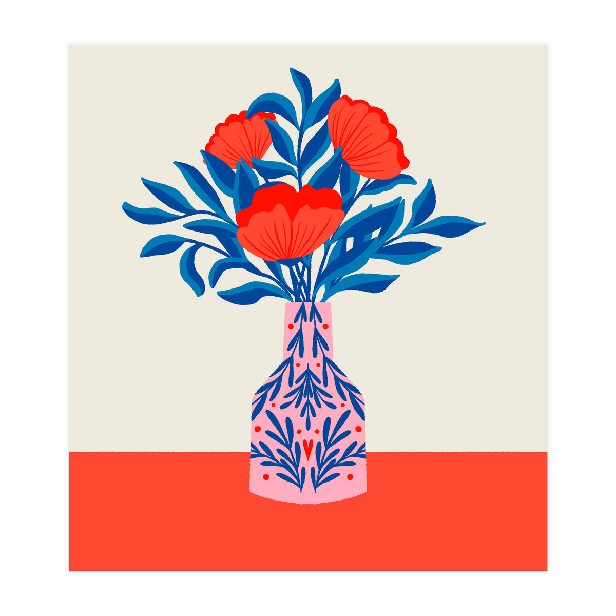 Poppies in a vase - red and blue (Print Only)