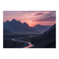 Crimson Sunset Valley: Serene Mountain Vista (Print Only)