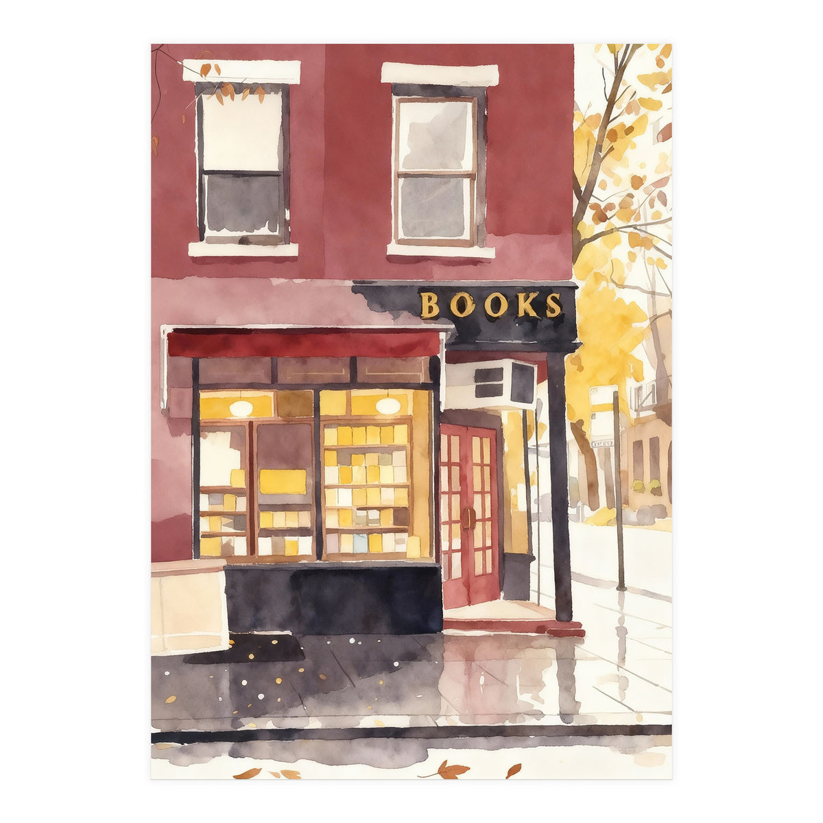 Cozy Bookshop, Autumn Book Shop Street Art, LibraryBook Store (Print Only)