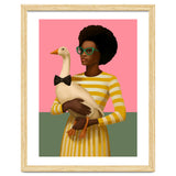 Stylish Woman Holding Goose In Striped Dress thumbnail