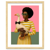 Stylish Woman Holding Goose In Striped Dress