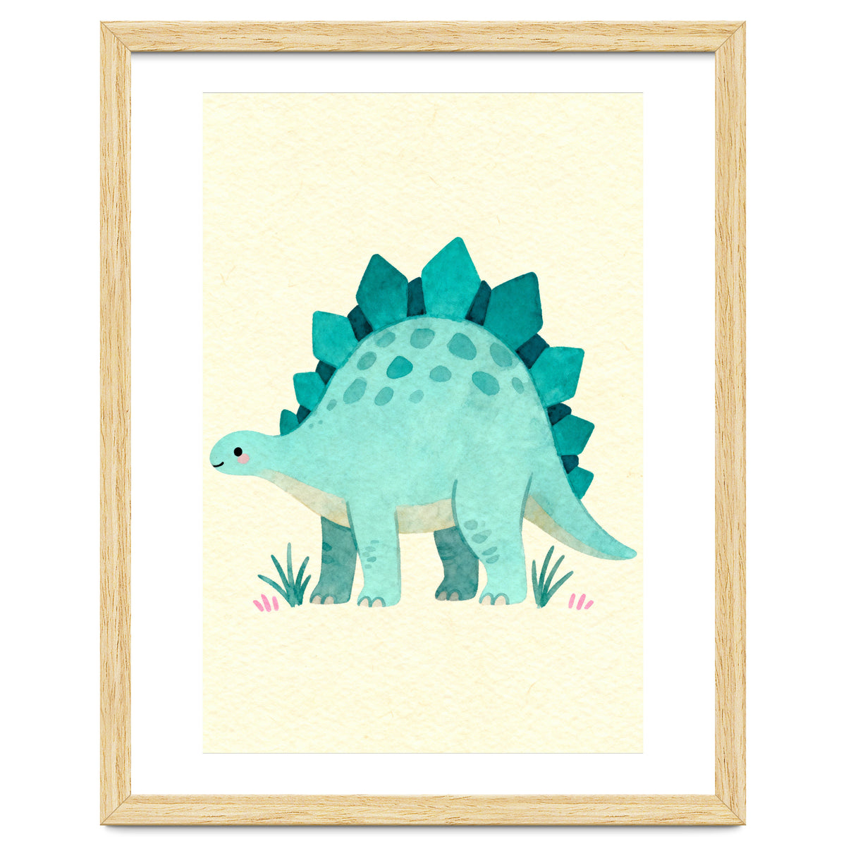 Teal Stegosaurus Watercolor Art, Cute Dinosaur Nursery Print, Whimsical Dino Illustration