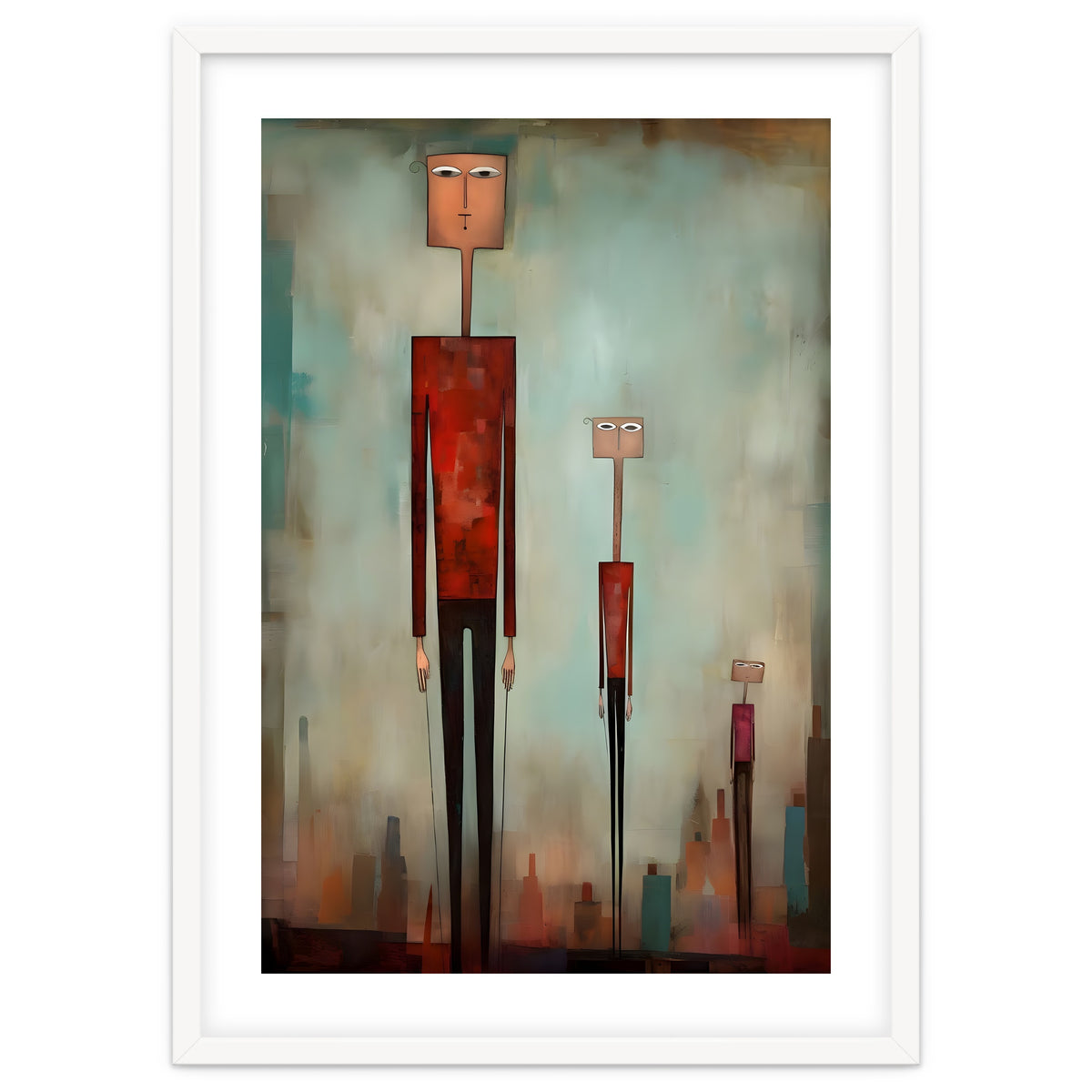 CITY HEIGHTS, three human-like forms of differing heights loom over the city below.