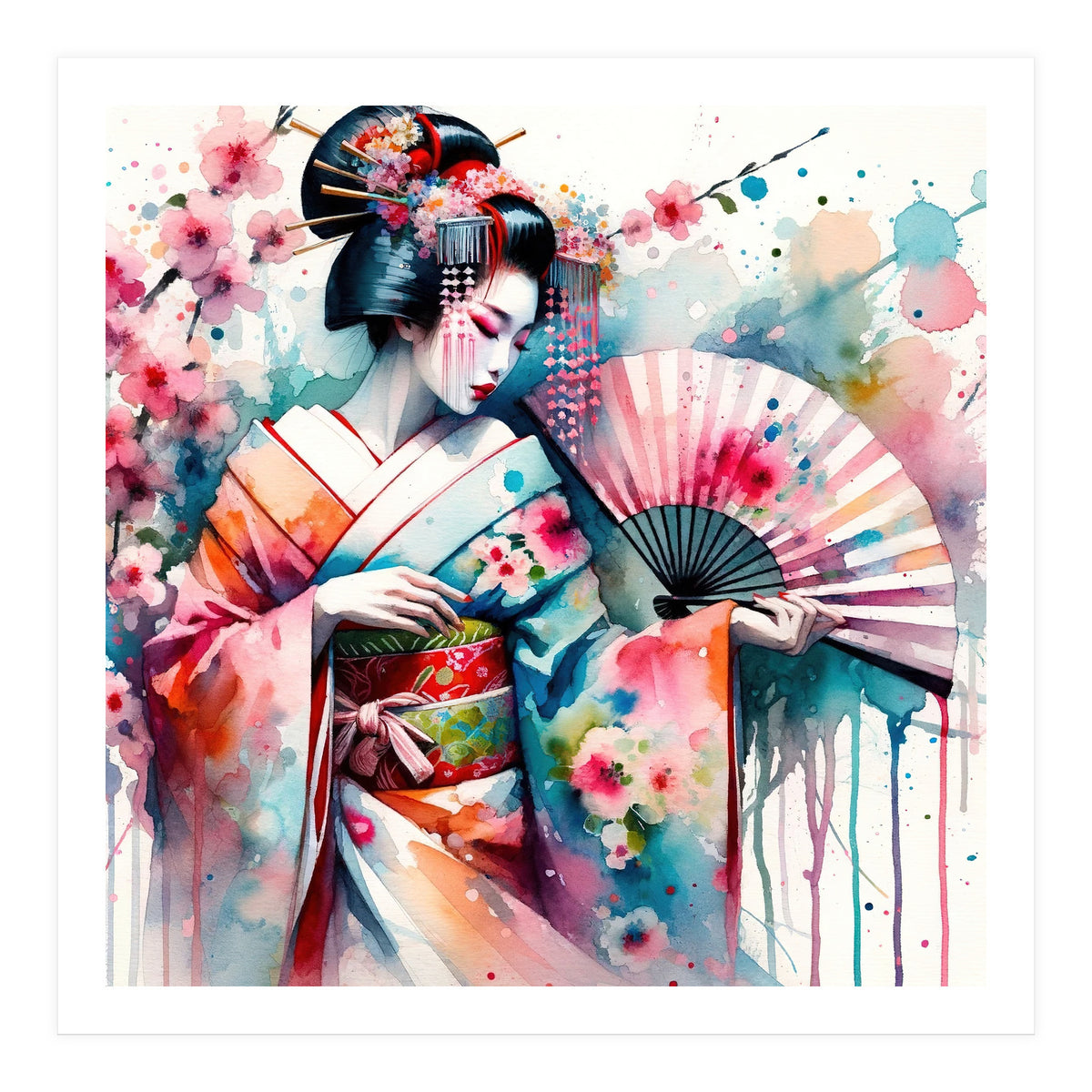 Watercolor Geisha Dancer #2 (Print Only)