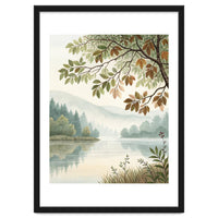 Tranquil Lakeside Forest Watercolor Painting with Overhanging Autumn Branches and Misty Mountain Reflection