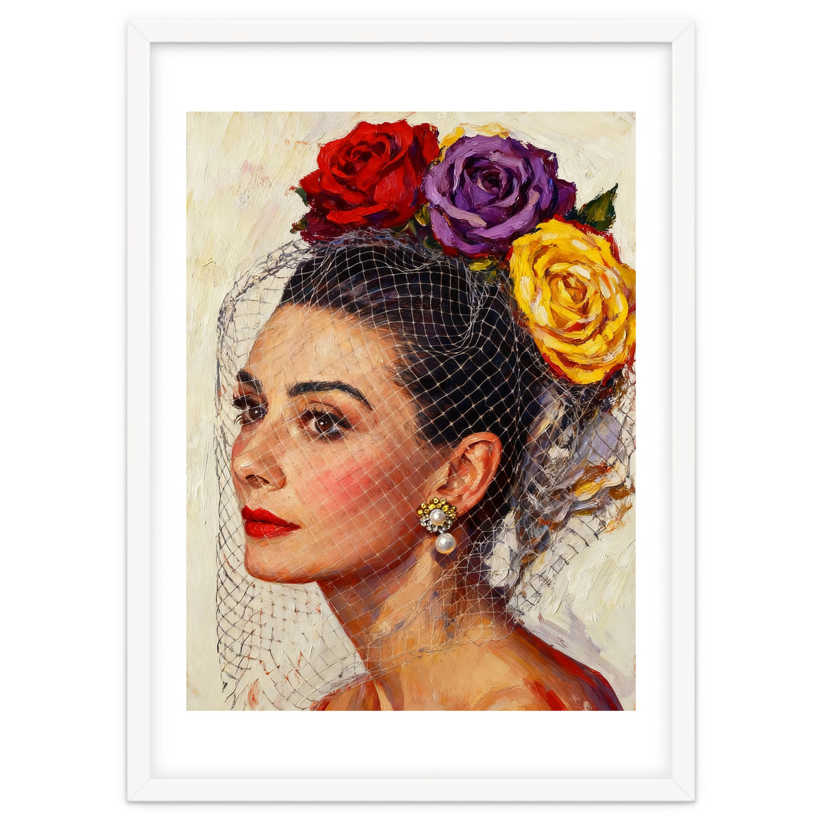 Audrey Hepburn, Impasto Floral Veil Portrait, Classic Hollywood Oil Painting,