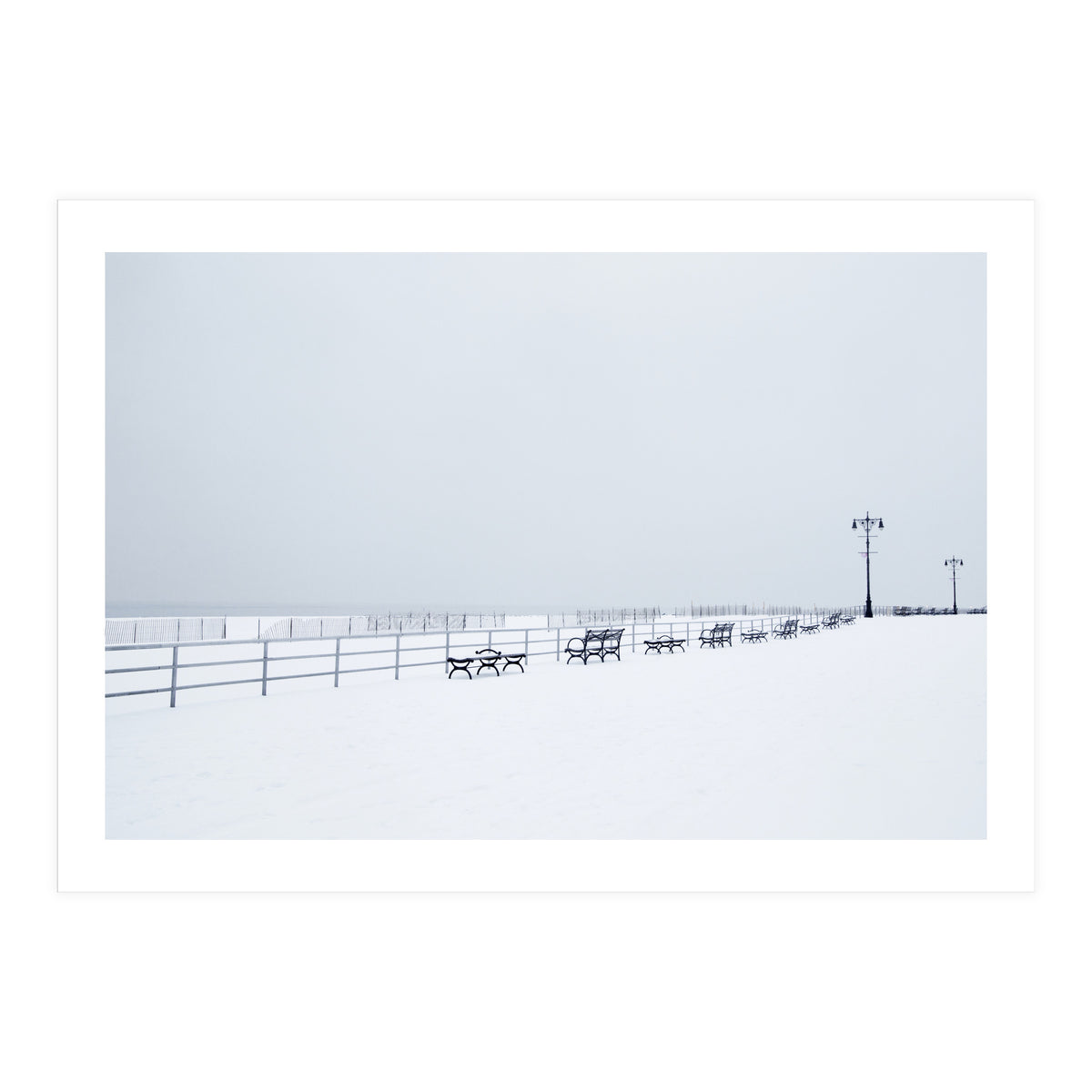 Benches along the pier on snow beach (Print Only)