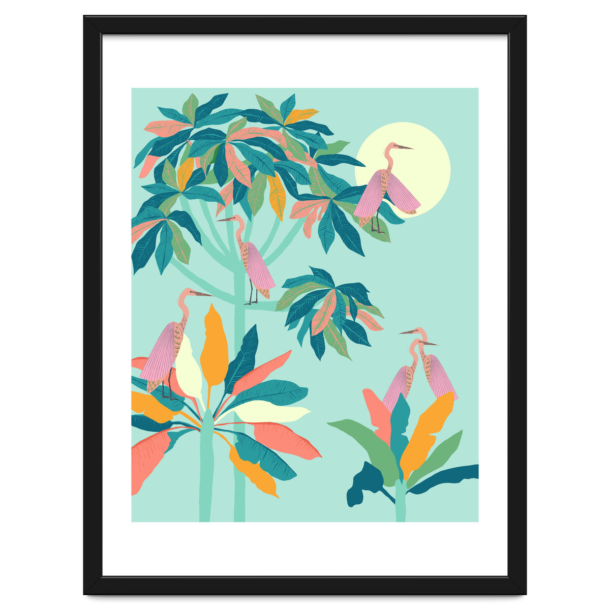 Drawn To The Moon, Stork Heron Flamingo Birds, Tropical Pastel Wildlife Forest Nature, Animals Jungle Bohemian Eclectic Fly