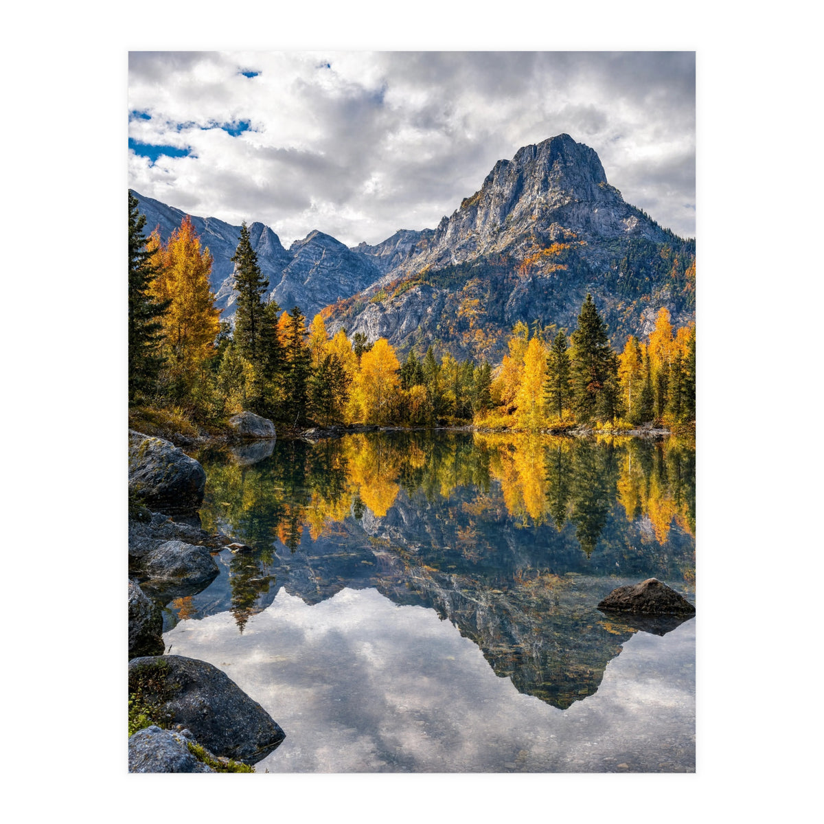 Golden Autumn Reflection: Majestic Mountain Wilderness Landscape (Print Only)