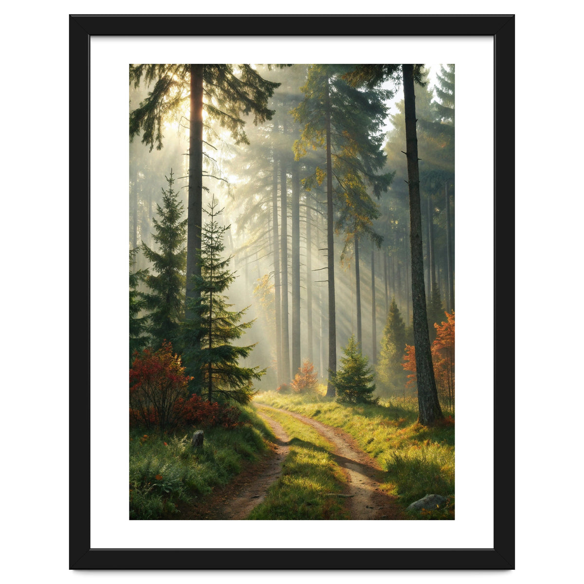 The Golden Path: Ethereal Sunbeams Piercing Through a Misty Evergreen Forest at Dawn