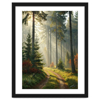 The Golden Path: Ethereal Sunbeams Piercing Through a Misty Evergreen Forest at Dawn