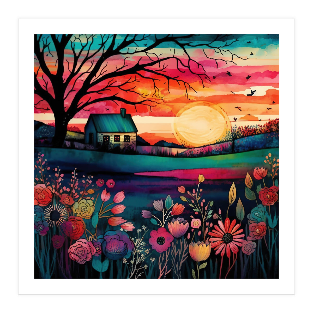 Watercolor Folk Art Sunset Landscape (Print Only)