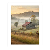 Rustic Red Roof Barn in Misty Morning Valley Landscape (Print Only) thumbnail