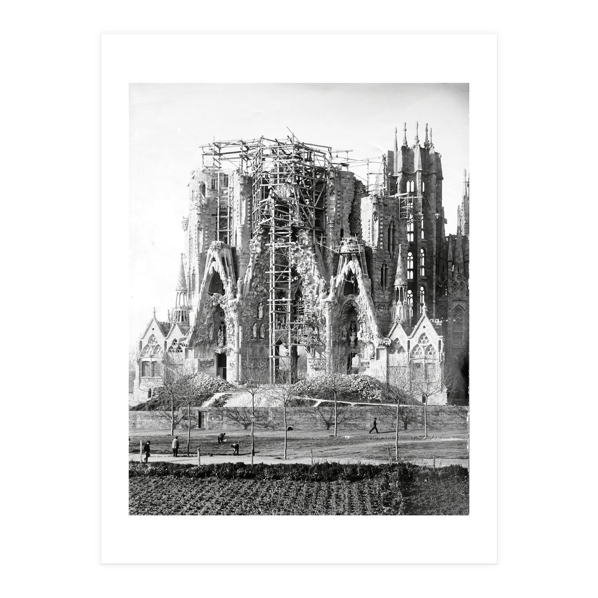 VIEW OF THE "SAGRADA FAMILIA" BASILICA BY ARCHITECT ANTONI GAUDI, PHOTOS OF WORK.  Ca. 1910. (Print Only)