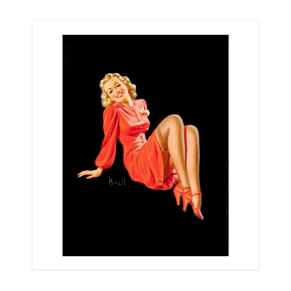 Smiling Pinup Woman Posing In Red Dress (Print Only)