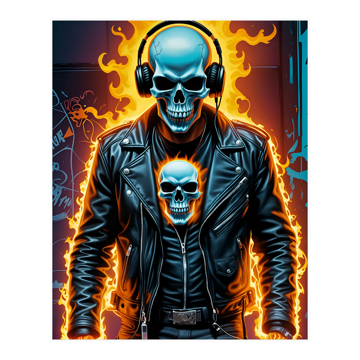 Fiery Skeleton Biker In Headphones (Print Only)