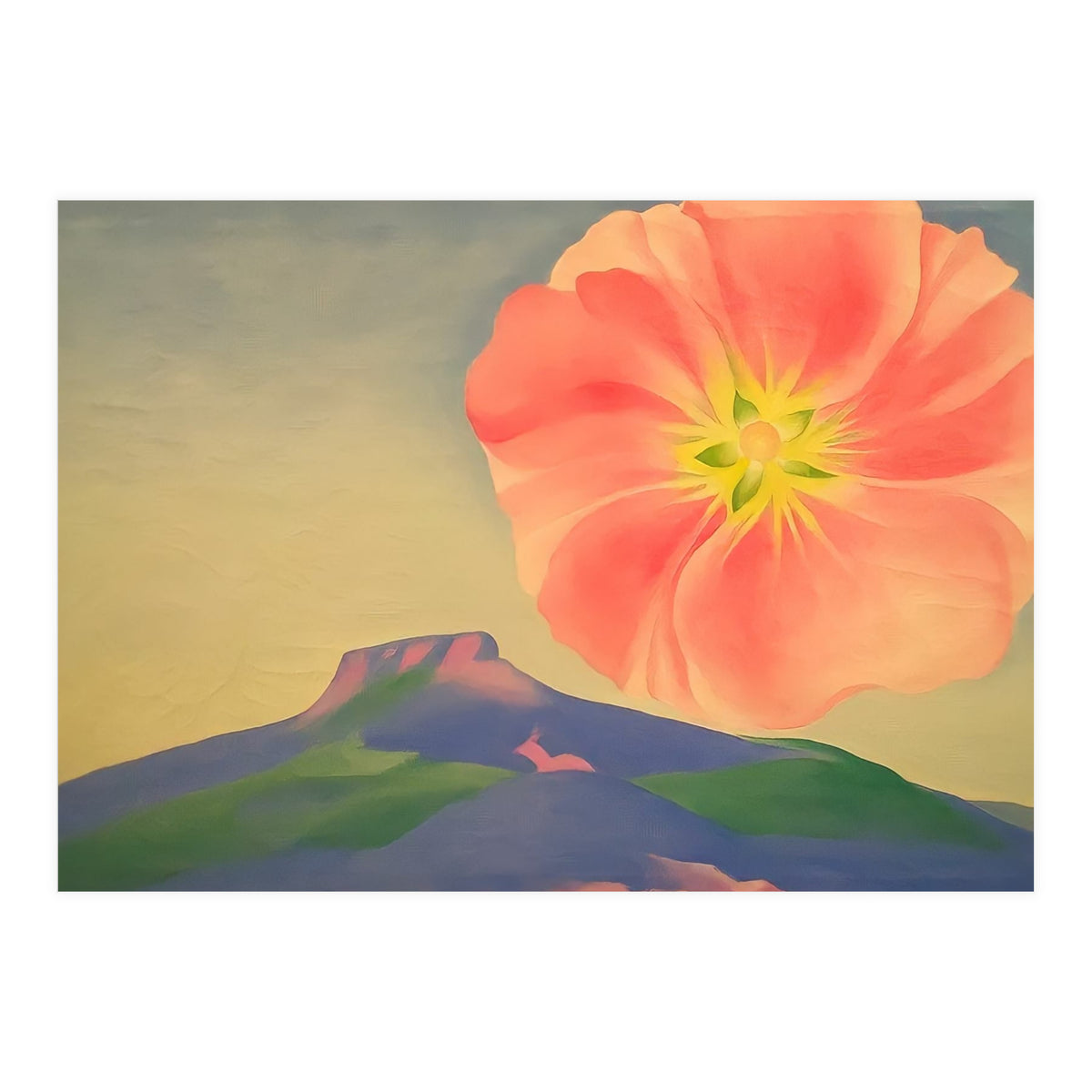 Georgia O’Keeffe – Hollyhock Pink with Pedernal (1937) | Vibrant Modernist Floral Landscape of New Mexico (Print Only)