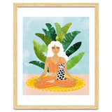 Meditation With Thy Cat Poster | Blonde Woman of Color | Tropical Banana Leaves Quirky Pet Workou thumbnail