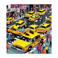 New York Minute, Yellow Taxi Cab Manhattan Downtown Busy Street, Traffic People Buildings Times Square Eclectic Road Architecture (Print Only)