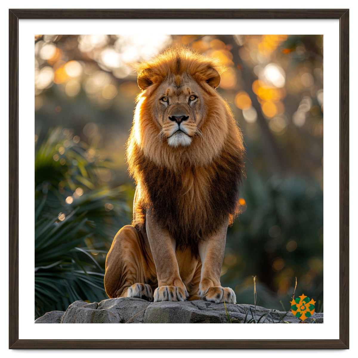 Majestic Lion Sitting On A Rock At Sunset
