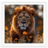 Majestic Lion Among Golden Flowers Close Up thumbnail