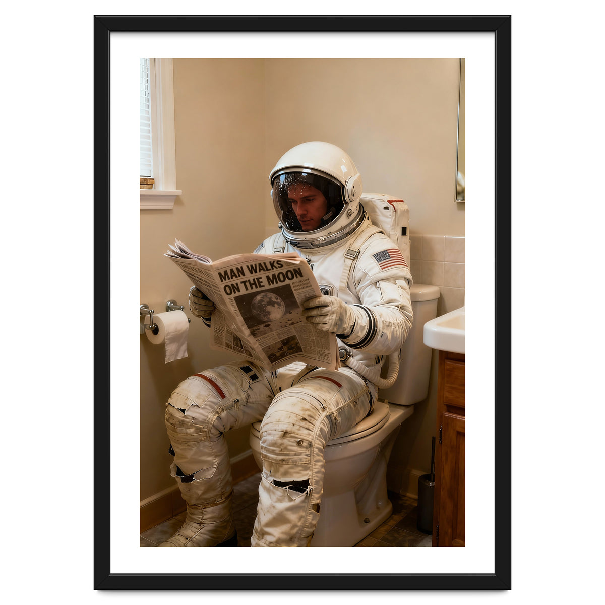Retro AstronautReading Newspaper, Toilet Humor, Astronaut on Toilet