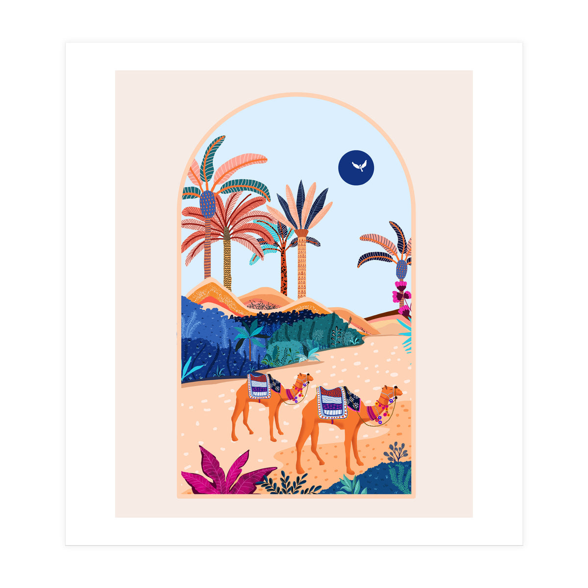 The Arabian Desert, Nature Landscape Travel Illustration, Camels Eclectic Sand Dunes Dubai Palm, Sahara Middle East Hot Summer Animals Bohemian (Print Only)