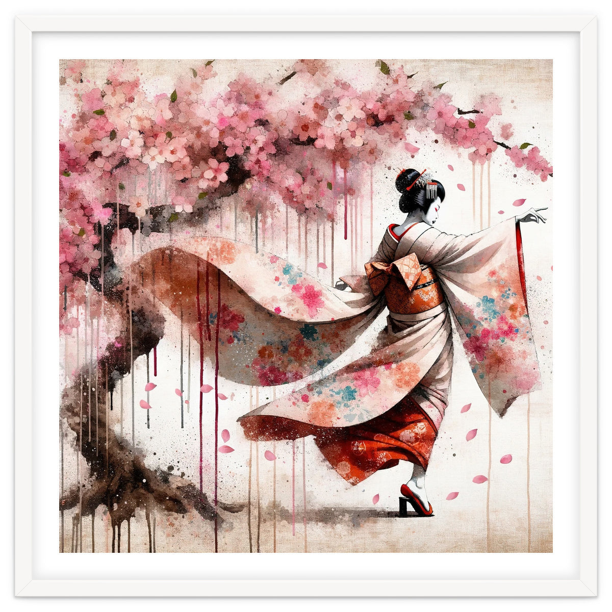Geisha Under Cherry Blossoms In Motion